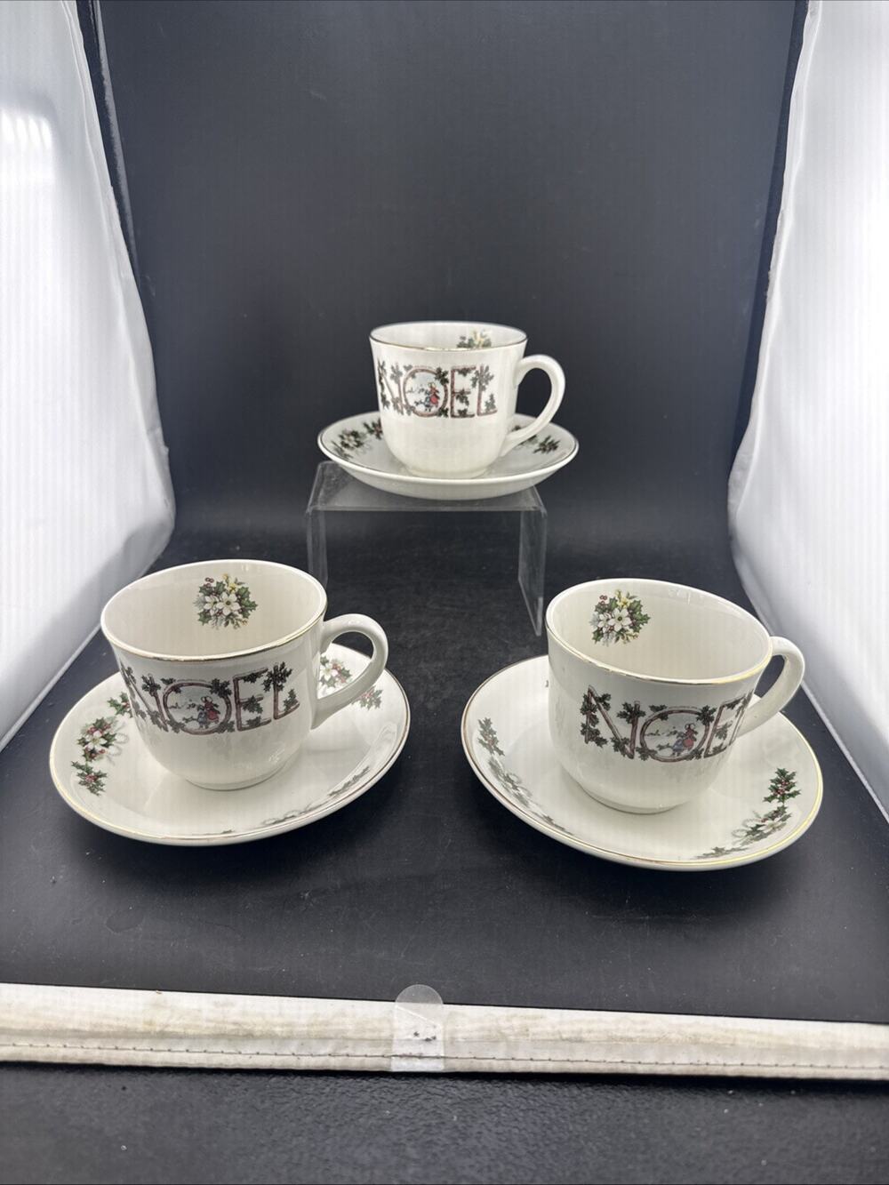 Vintage Wood & Sons Noel Coffee Tea Cups & Saucers Set Of 3 Christmas England